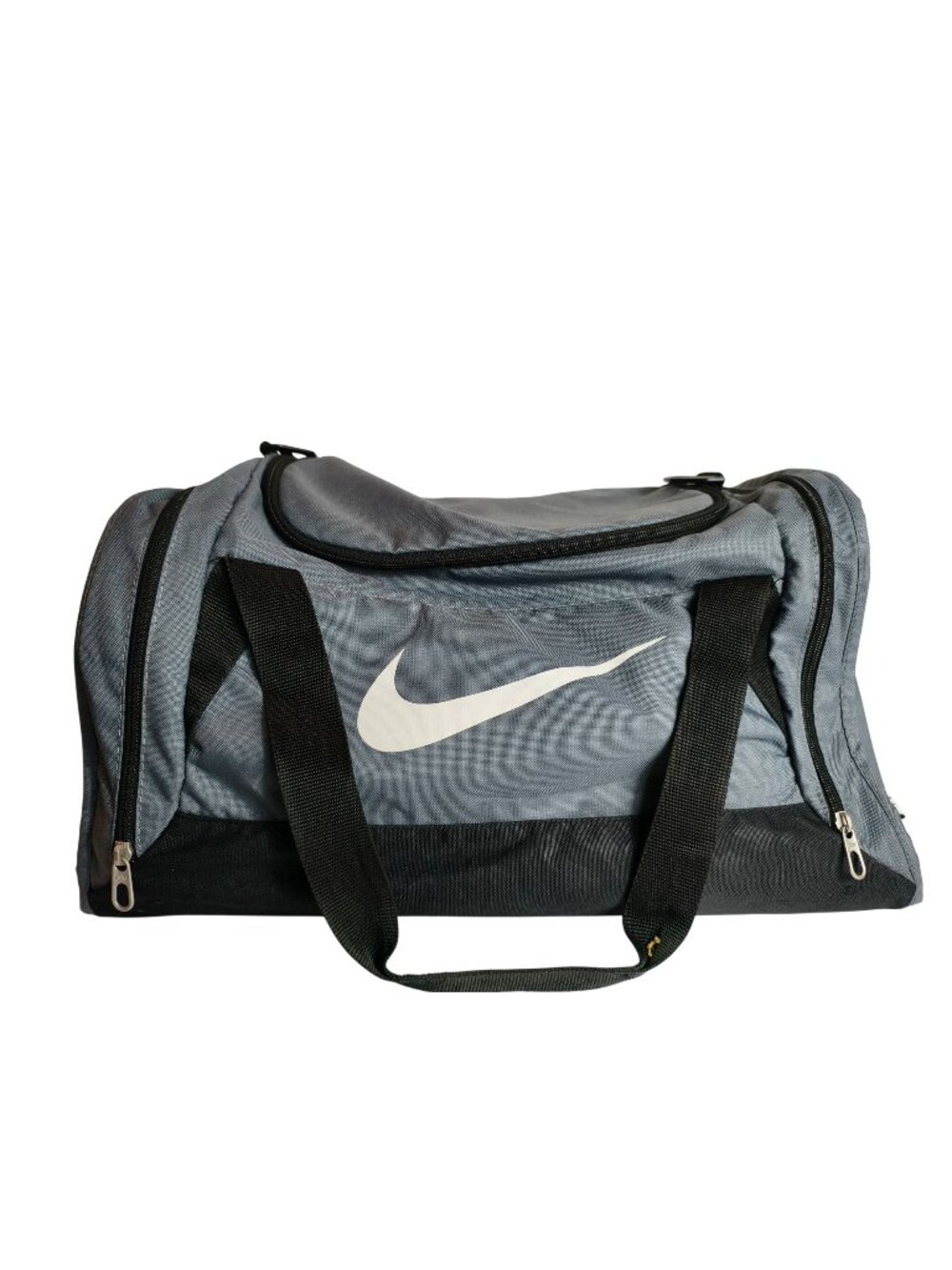 Nike Brasilia Duffle Bag Gray Black Swoosh Athletic Zip Side Pockets Gym Medium